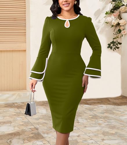 Image of ZonJie Church Dresses for Women Bell Sleeves Business Wear to Work Cocktail Party Pencil Casual Dress
