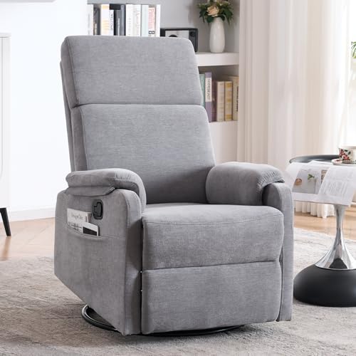 Image of Recliner Chair for Adults, 360° Swivel Rocking Chair Nursery, Small Rocker Recliners for Small Spaces, Glider Recliner Nursery Chair with Side Pocket for Living Room, Bedroom, RV, Fabric Grey