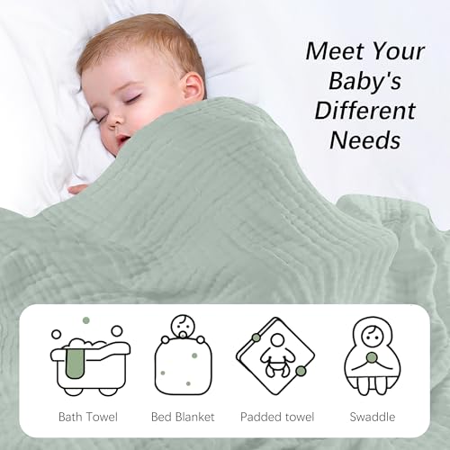 Image of SWEET DOLPHIN Muslin Baby Bath Towels Blanket - 2 Pack 100% Cotton Towel for Babies, Infants, Toddlers - 40x40Inch - Highly Absorbent, Light Emerald