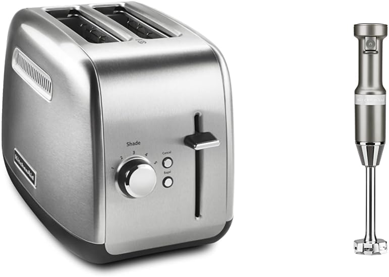 KitchenAid KMT2115SX Stainless Steel Toaster, Brushed Stainless Steel & Variable Speed Corded Hand Blender KHBV53, Contour Silver