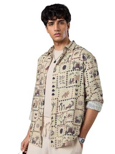 The Souled Store Jurassic Park : Tilescape Chemise décontractée à manches longues pour homme et garçon, col écarté, beige, imprimé de conversation,...