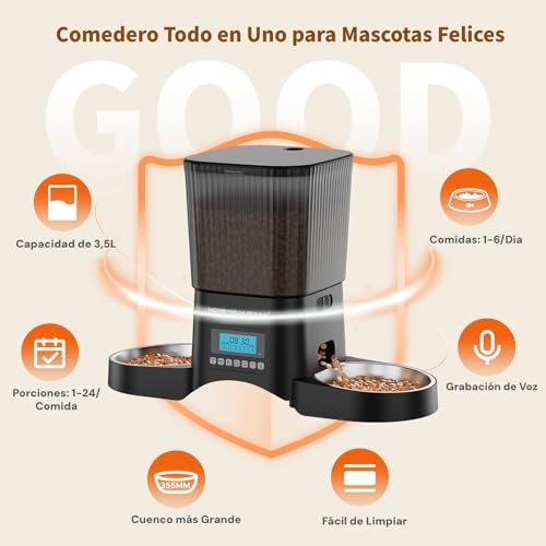 HONEYGUARDIAN Comedero Gato Automatico Doble, 3.5L Dispensador Comida Gatos/Perros 2 Tazones, Alimentador Automatico Gatos con 1-6 Comidas al día, Acero Inoxidable 304, Grabadora de Voz - imagen 4