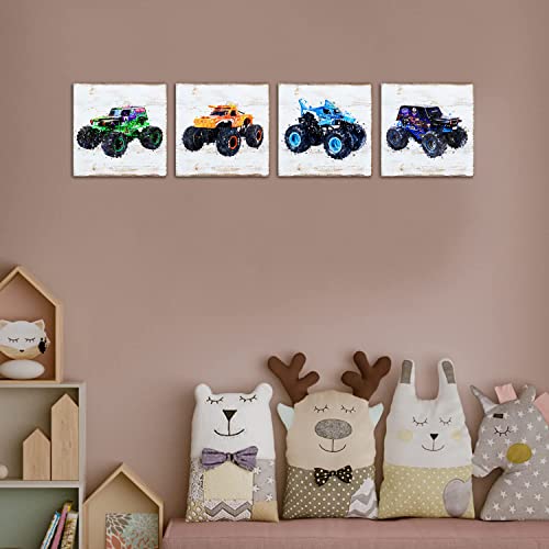 Vintage Monster Truck Room Wall Decor For Boys Car Pictures Kids Bedroom Wall Art Watercolor Trucks Canvas Paintings Nursery Bathroom Playroom Artwork Toddler Vehicle Party Home Decoration 20×20" 4 Pcs #TOP6