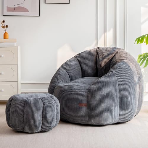 Image of MAXYOYO Giant Bean Bag Chair with Ottoman, Pumpkin-Shaped Bean Bag Sofa with Footstool, Oversized Boneless Couch Chair in a Box, Comfy and Lazy Lounge for Dorm, Living Room, Bedroom, Dark Grey