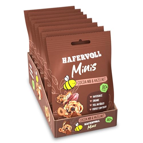 HAFERVOLL Minis Cacoa Nib & Hazelnut 8x 65g - Bio-zertifiziert, mit Honig ohne Zusatz von Zucker, perfekt zum Teilen