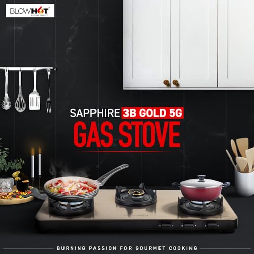 Image of BLOWHOT Premium Design ISI Certified Sapphire Gold Manual 3 Burner Slimmest Gas Stove | Stainless Steel Top | 5 Year Warranty By Blowhot On Burner and Gas Valve - Gold 5G