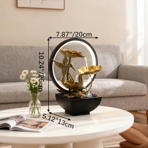 AOZITA Tabletop Fountain, Indoor Waterfall Fountain, Small Home Décor Zen Relaxation Soothing Sound Machine for Office, Living Room, or Bedroom, Bronze Metal Lotus with HBird, River Rocks, Round LED