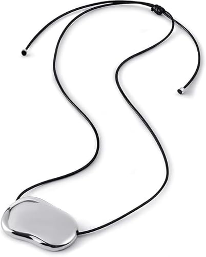 crayfomo Bean Necklace for Women Stainless Steel Cord Necklaces with Pendant Adjustable Black Leather Rope Large Pebble Necklace Chunky Silver for Women as Birthday Anniversary Valentine’s Day Gift