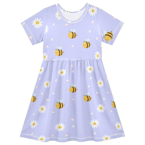 Emelivor Bees Floral Purple Girls Summer Dress Toddler Girl Short Sleeve Dress Soft Dresses for Travel,2T