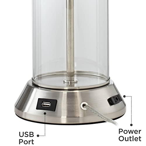 Possini Euro Design Fritz Coastal Table Lamps 26.5" High Set Of 2 With Usb And Ac Power Outlet In Metal Base Glass Column Fabric Drum Shade For Living Room Bedroom Beach House Bedside Nightstand #TOP4