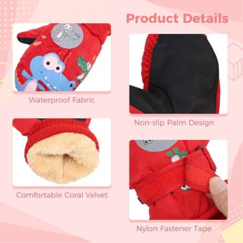 Ski Mittens for Little Ones, Waterproof Windproof Ski Mittens, Warm Coral Fleece Winter Snow Gloves, Winter with Cute Dinosaurs for Aged 4 to 84