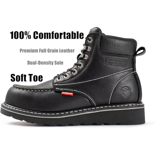 SUREWAY Mens Heavy Duty Soft/Composite/Steel Toe Work Boots for Men-Comfortable,Goodyear Welt,Full Grain Leather,6 in Wedge Moc Toe Construction Boots/Shoes,Soft Toe Black,Size 152