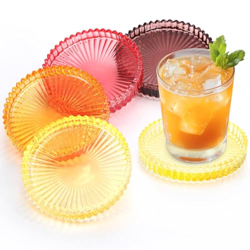 Queekay 4 Set 6 Set Colored Glass Coasters for Drink Crystal, Orange Yellow