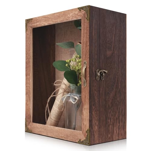 KAASTHAA Shadow Box Frame 11x13, Depth 5in Shadow Boxes Display Cases, Rustic Burnt Wood, Vintage Metal Accents, Acrylic Door, Metal Handle and Latch, Linen Back