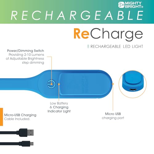 Image of The Original Mighty Bright Recharge Clip On Rechargeable Book Light Reading Light, Warm Eye Care LEDs, Flexible, Durable, Dimmable, Perfect for Kids, Bookworms, Reading in Bed, Lasts 60 Hours (Blue)