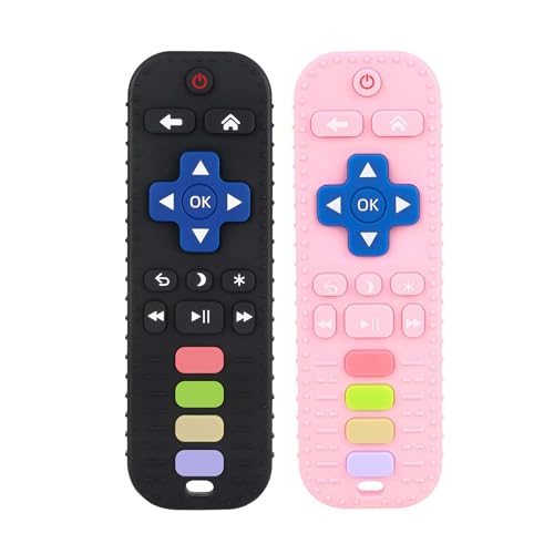 Image of Chuya Baby Teether TV Remote Control Shape Teething Toys for Babies 3 6 9 12 18 24 Months for Infants Teething Relief Black+Pink