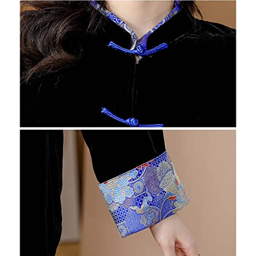 Women Chinese Velvet Tang Suit Hanfu Jacket Embroidery Chinese Traditional Clothing, Vintage Oriental Cotton Coat Black-L2