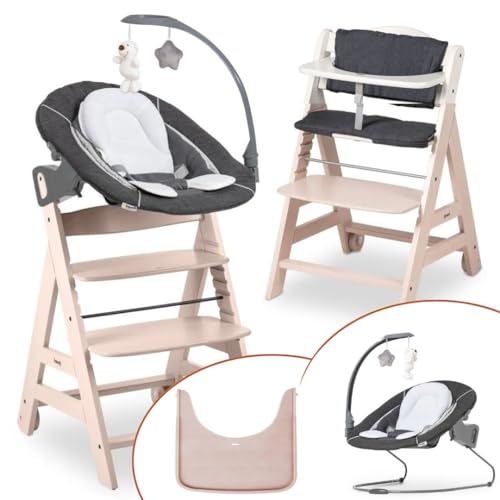 hauck Chaise Haute Bébé Beta Plus Set Deluxe - Évolutive avec Siège Amovible, Plateau Repas, Coussin Assise, Roulettes, Arceau de Jeu - Bois Blanchi