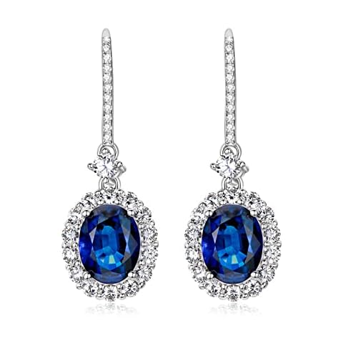 Sterling Silver Sapphire Earrings, Lab Simulated Blue Sapphire Earrings Oval Cut 4Ct/Pair (7x9mm) Halo Synthetic Diamond Drop Dangle Earrings Jewelry Gift for Birthday Christmas Cover