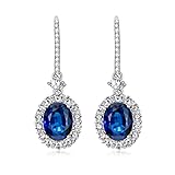 Sterling Silver Sapphire Earrings, Lab Simulated Blue Sapphire Earrings Oval Cut 4Ct/Pair (7x9mm) Halo Synthetic Diamond Drop Dangle Earrings Jewelry Gift for Birthday Christmas
