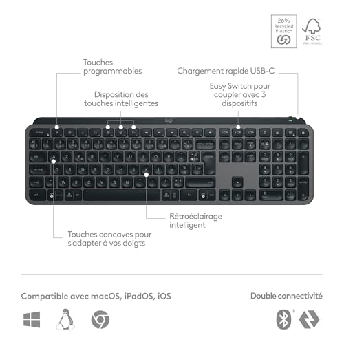 Logitech MX Keys S PLUS Clavier Sans Fil et Repose Poignet, USB C, Silencieux, Plat, Rétroéclairé, Ergonomiques, Programmables, Bluetooth, Windows PC, Linux, Chrome, Mac, AZERTY Français, Gris