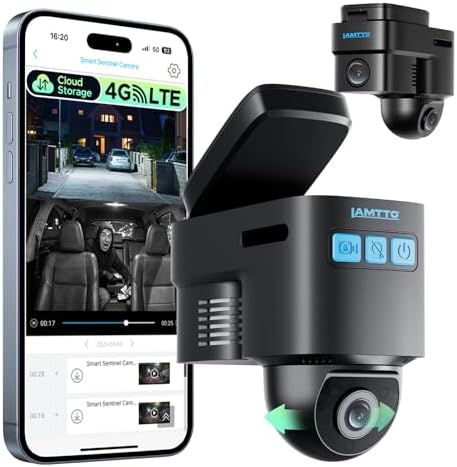 LAMTTO 4G LTE Dash Cam - Dual 1080P Front and Inside Car Security Camera with Live Stream from Anywhere, 24/7 Sentry Mode Parking Monitor, AI Human Detection, GPS Tracking, Remote App Alert
