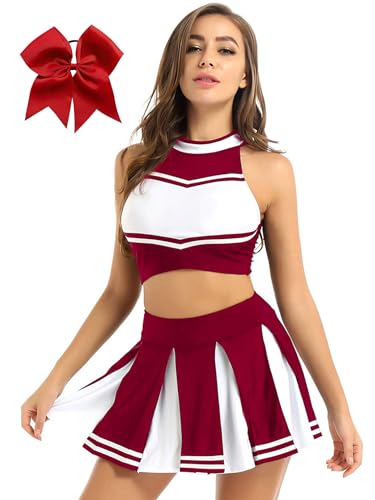 FEESHOW - FEESHOW Uniforme de Pom-Pom Girl Femme Robe de Danse Cheerleading Gilet sans Manche + Mini Jupe Plisée Ensemble Tenue High School Vin Rouge M