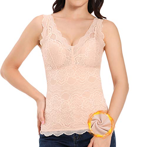 Lace Thermal Shirts for Women Sleeveless V-Neck Fleece Lined Warm Winter Camisole Tops Vest (Beige, Small)