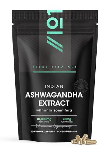 Ashwagandha Extract 10,000mg - 5% Withanolides (25mg) - 120 Vegan Capsules - Made with BioPerine® Black Pepper for Higher Bioavailability (4 Month Supply) by Alpha01