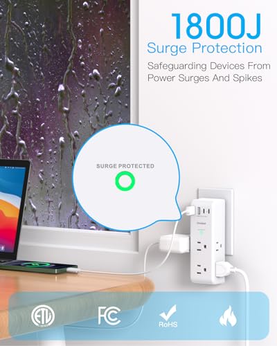 Image of PD 20W Surge Protector Outlet Extender, Rotating Plug, One Beat 6 AC Multi Plug Outlet with 4 USB Ports (2 USB C), 1800J, 3-Sided Swivel Power Adapter with Spaced Outlet Splitter for Home Office Dorm