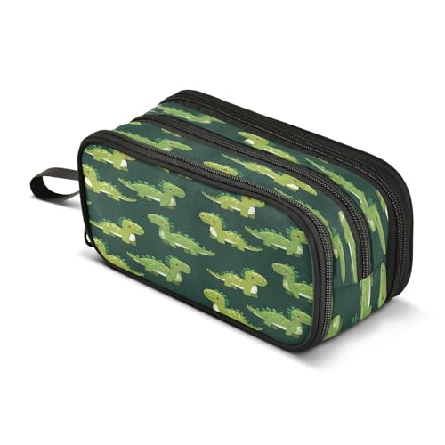 Image of Green Dinosaurs Pencil Case 3 Compartment Pen Bag Pouch Holder Box School Portable Stationery Storage Bag for Girls Boys