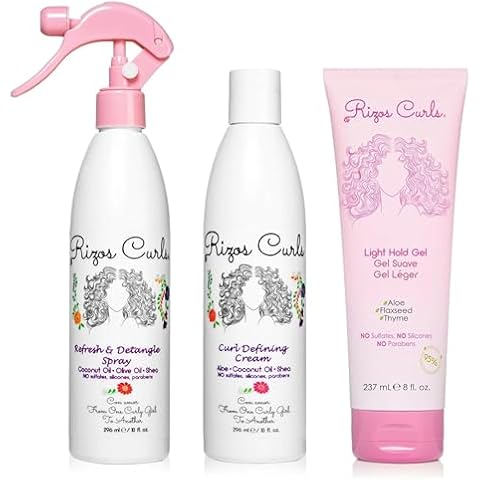 Rizos Curls Styling Starter Kit, Refresh and Detangle Spray & Curl Defining Cream & Light Hold Gel Bundle, Enhance & Define Curls, Add Volume & Hold, Frizz Control & Shine Cover