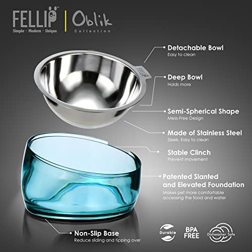 Image of Felli Pet Oblik Acrylic Raised Dog Food Water Bowl Stainless Steel Slanted Oval Dish for Short Leg Puppy & Small Medium Pet, Elevated Tilted Metal Feeder (Sapphire, 1.5 Cups Oval Dish)