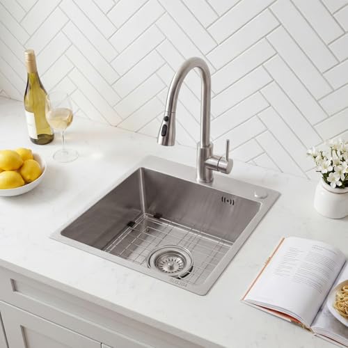 Image of Geetery 15 x 15 Inch Drop in Bar Sink, 9 inch Deep Single Bowl 304 Stainless Steel Top Mount Small Kitchen Sink Set with Grid Drain Strainer P-trap Drain Kit for Outdoor Rv Bar Coffee Laundry