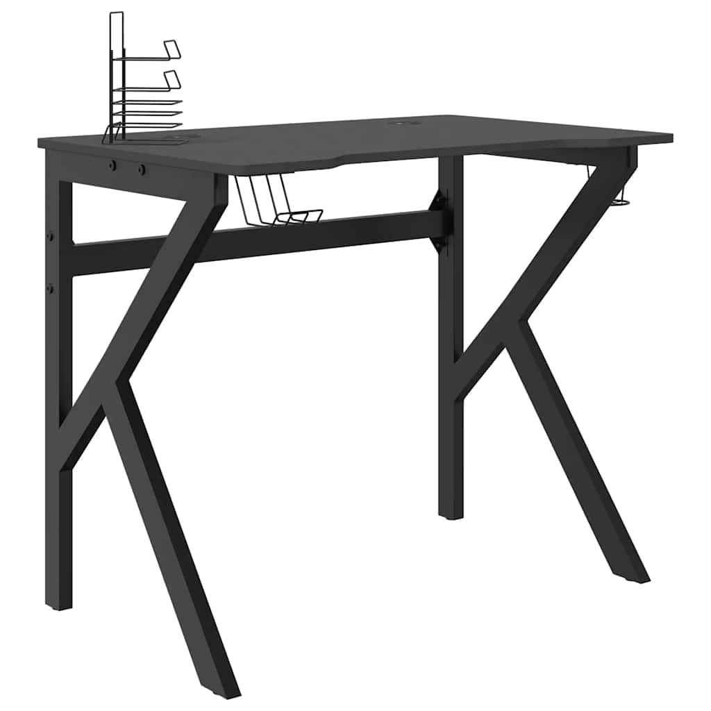 Scrivania da gioco con rack K nero, 90 x 60 x 75 cm, robusto tavolo da gioco ergonomico con supporto per bicchieri, materiale in legno e ferro