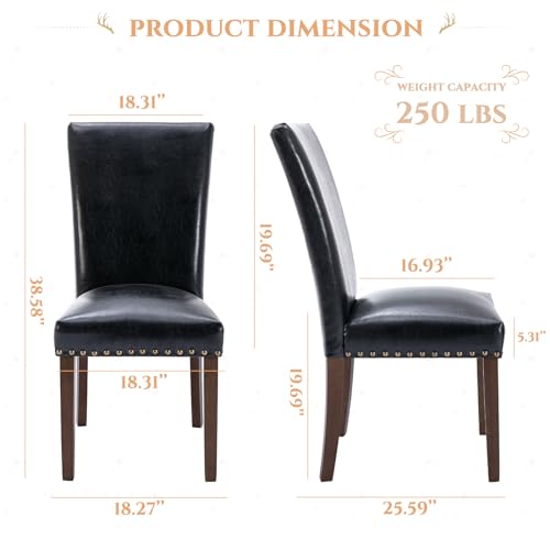 Image of Parsons Dining Chairs Set of 6, Upholstered Nailhead PU Leather Dining Room Kitchen Side Chair with Thick Cushions and Wood Legs, Black