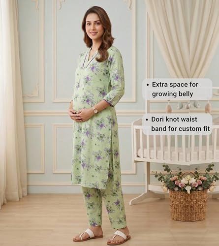 Image of DUMMY SHAPE Maternity Dresses for Women Cotton | Floral Kurta Pant Dupatta Set with Nursing Zippers, Side Pocket | Pre & Post Pregnancy | Feeding Kurti Suit | Baby Shower | Gifts for Pregnant Woman