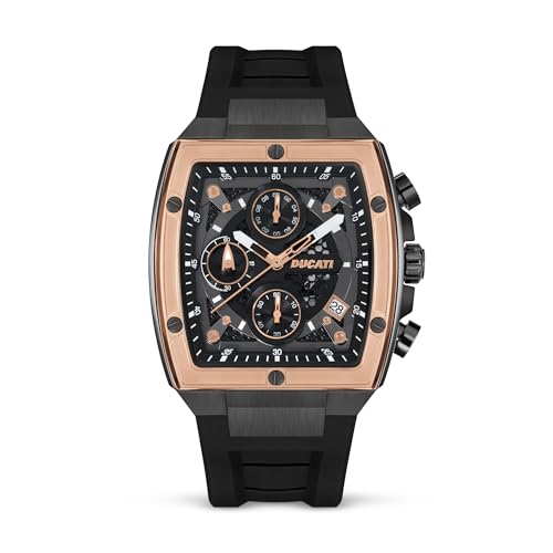 Image of DUCATI DT008 Chronograph Watch - Black Dial, Bold Rose Gold Accents, Screw-Detail Case, 40mm Silicone Strap, Water Resistant 50M, Multi-Layered Design, Black, strap