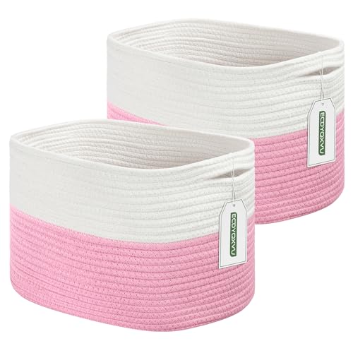 ECDYQXVU Cotton Rope Storage Basket, 15x10x9 Inches, Woven Basket for Shelves, Clothes, Toys, Towels, Books, and Laundry, Durable and Stylish (White/Pink, 2 Pack)
