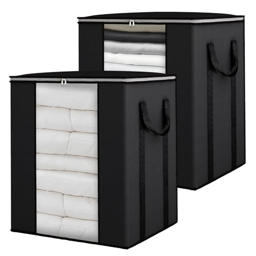 Fixwal Blanket Storage Bags with Zipper Large Storage Bins with Lids 120L 2 Pack Comforter Storage Bags with Reinforced Handles Clothes Storage Containers for King Comforter Bedding Pillow Sheet Black