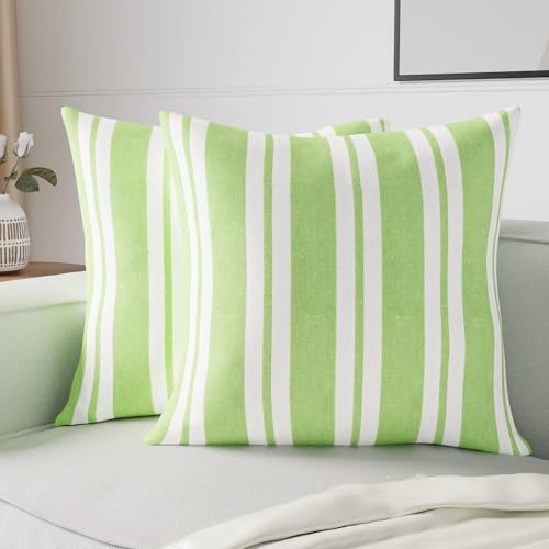 Image of Encasa XO Farmhouse Throw Pillow Covers Set of 2 (20x20 in) Franca Lime Stripes | Decorative Cushion Covers No Inserts | Plaid and Stripes Pillow Covers for Living Room, Couch