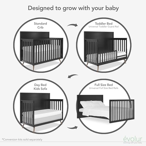 Image of Evolur Full-Size Bed Conversion Rails, Designed & Tested Cribs, Durable Hardwood Build with Secure Mattress Slats, Easy Assembly - Onyx