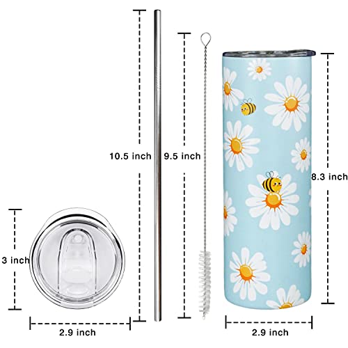 Daisy Gifts For Women Girl- Daisy Floral Bee Tumbler/Cup/Coffee Travel Mug/Water Bottle- Cute Yellow Blue Metal Thermal Insulated Tumblers 20 Oz - Honey Bee Flower Daisy Decor Accessories -Birthday #TOP6
