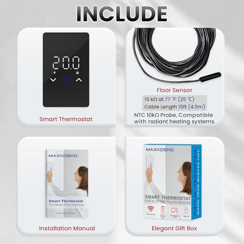 MAXKOSKO 1PC WiFi Smart Thermostat for Electric Floor Warming System with Touchscreen LED Display 120V/240V, Easy Connection & Energy Saving Home Programmable Thermostat Black