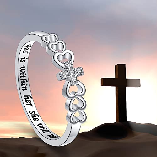 Alphm S925 Sterling Silver Christian Cross Heart Inspirational Faith Bible Verse Ring For Women Teen Girl Jewelry Gift #TOP3