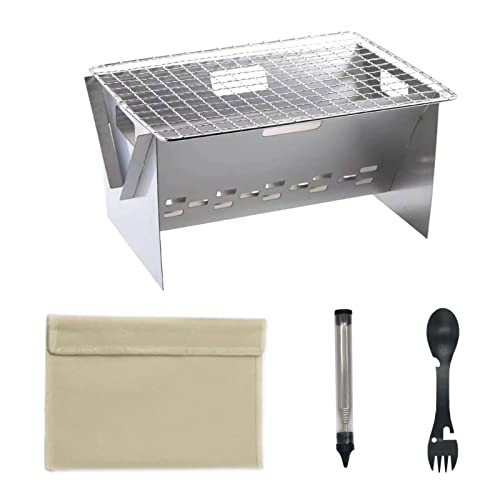 Estufa de Leña Camping,Hornillo Alcohol Portátil con Tenedor, Tubo de Fuego de Acero Inoxidable, Red de Barbacoa para Madera o Alcohol Camping Senderismo BBQ Picnic Cover