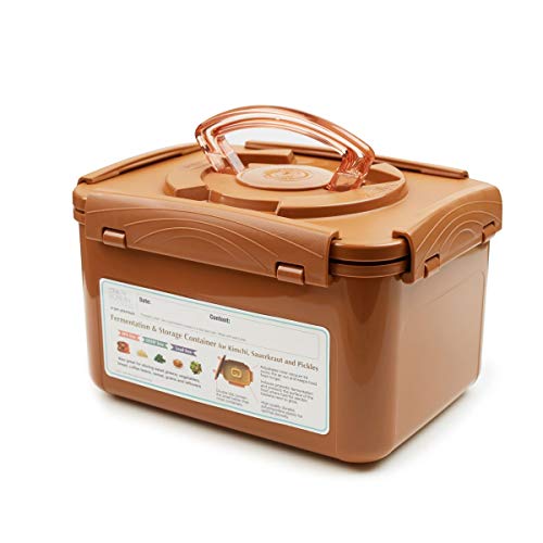 Image of Crazy Korean Cooking Premium Kimchi, Sauerkraut Fermentation and Storage Container with Inner Vacuum Lid, Sandy Brown 1.3 Gal (5.2L) 2 PACK