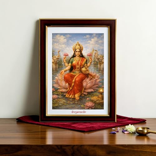 Image of divyamandir Lakshmi Maa Framed Wall Art (18 x 14 Inches) | Traditional Hindu Goddess Painting with Glass Frame | Decorative Photo Frame for Home, Pooja Room & Office Decor (Lakshmi Maa)