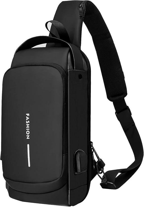 Anti Theft Unisex Waterproof Side Bag, USB Charging port Shoulder Backpack With Multifunctional Use for Travel, Hiking, Camping, Daily Out (Full Black)