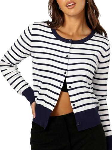 Berydress Womens Cardigan Sweater 2026 Crewneck Long Sleeve Button Down Trendy Fashion Winter Striped Knit Crop Shrug(M,6314-Navy White)